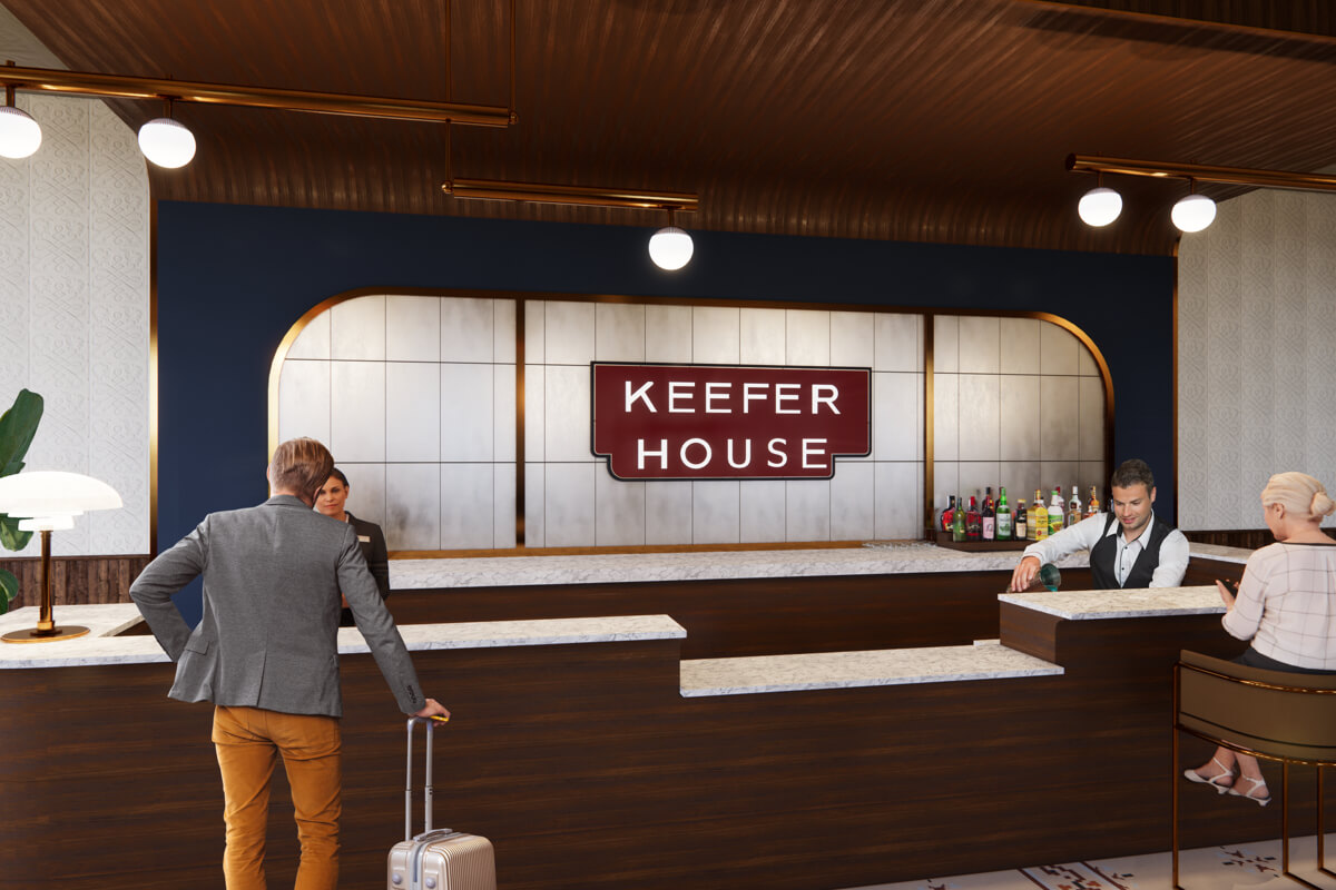 Rendering of the new Keefer House Hotel front desk and bar area