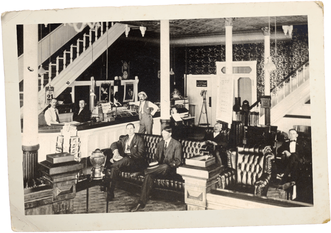 hotel lobby of the keefer house hotel in the late 1800s or early 1900s